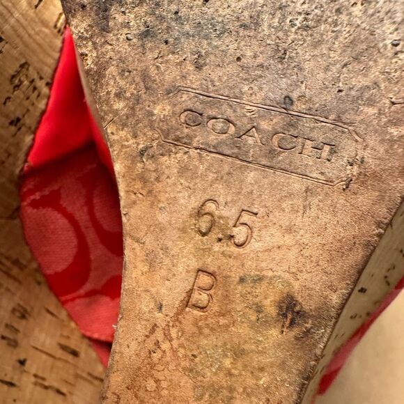 Coach Coral Orange Peep Toe Slingback Wedge Sandals 6.5 Cork Patent leather Logo - Picture 9 of 14